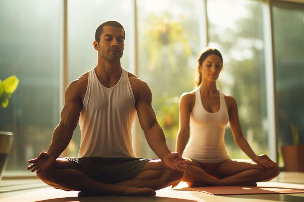 Man and woman practicing yoga together