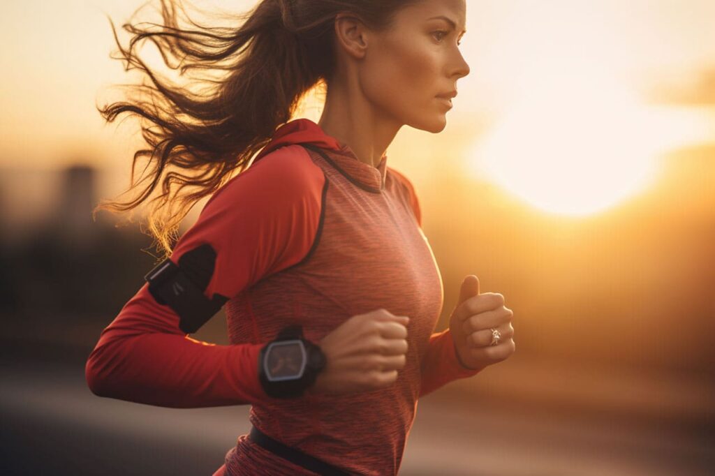 Runner with heart rate monitor watch
