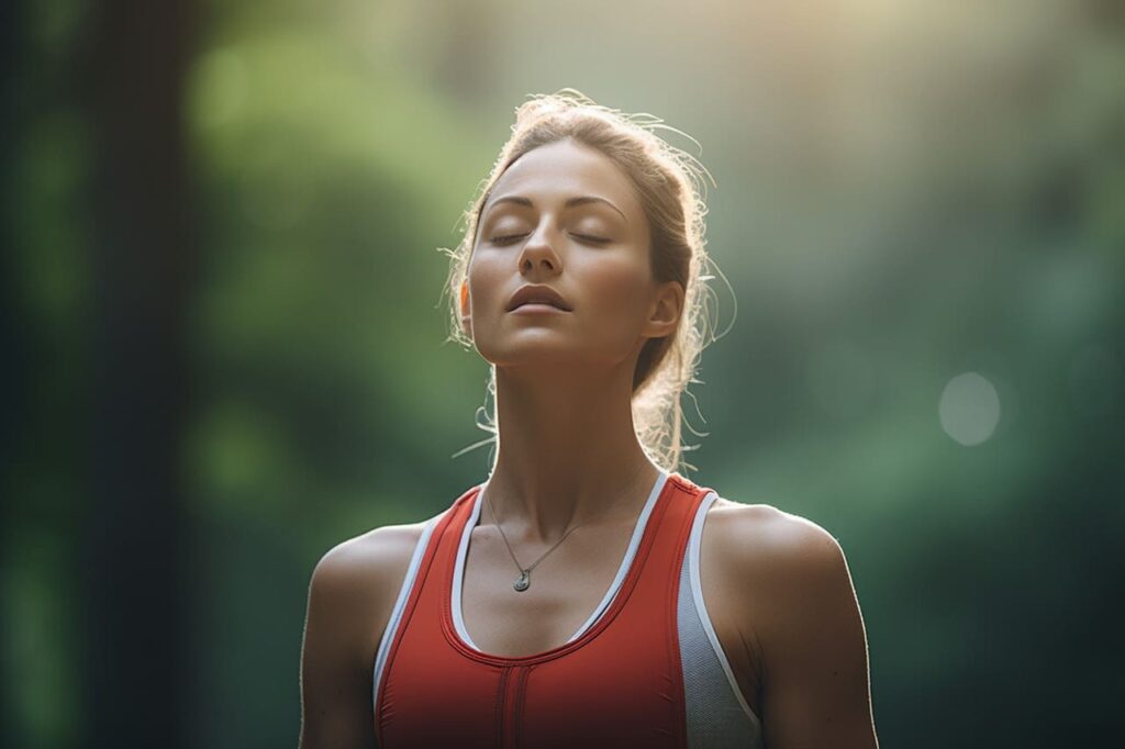 woman meditating in the woods after a run